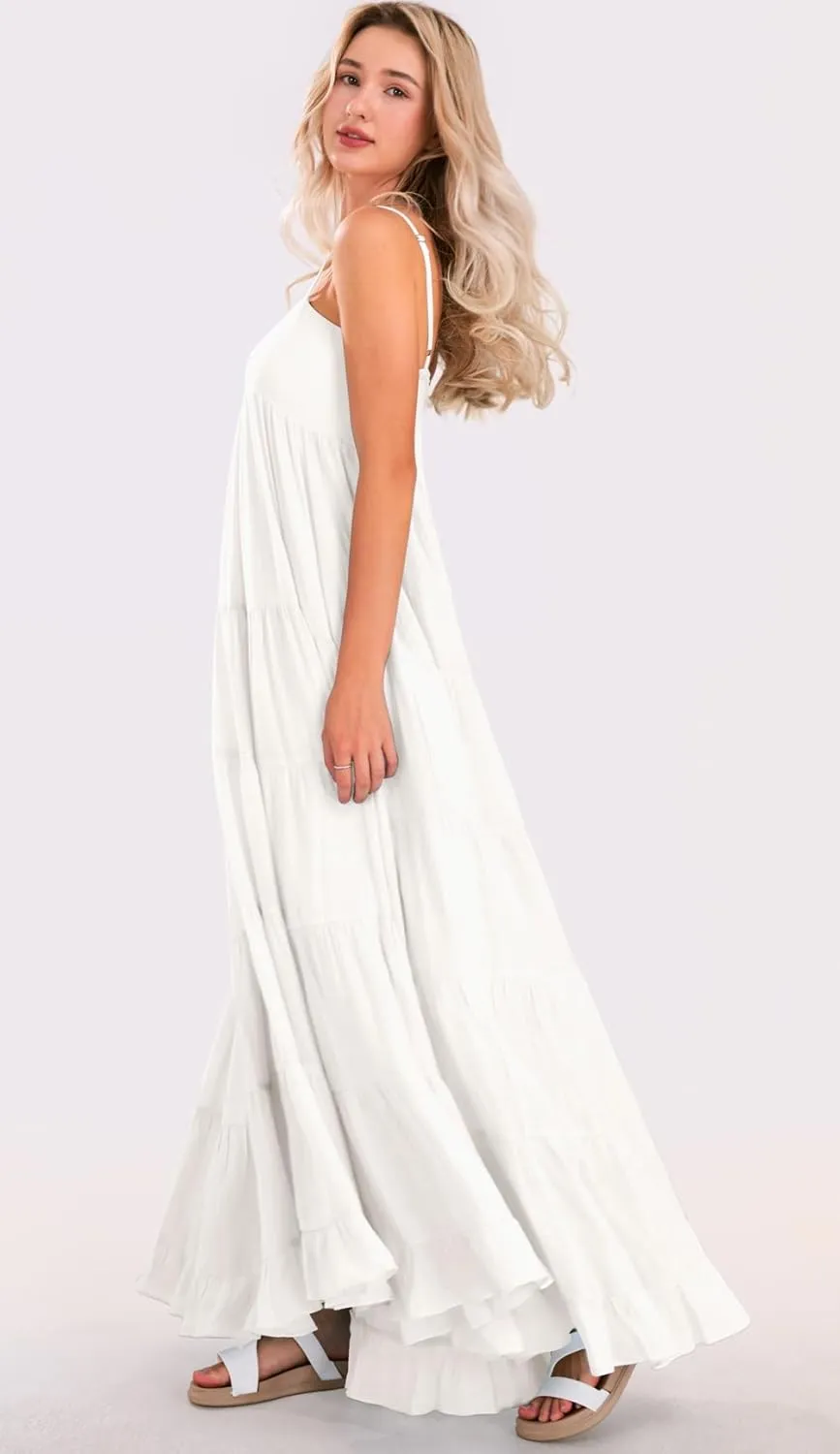 loveimgs Women Summer Spaghetti Strap Smocked Maxi Dress Tiered Ruffle Sleeveless Long Flowy Dress Beach Sundress