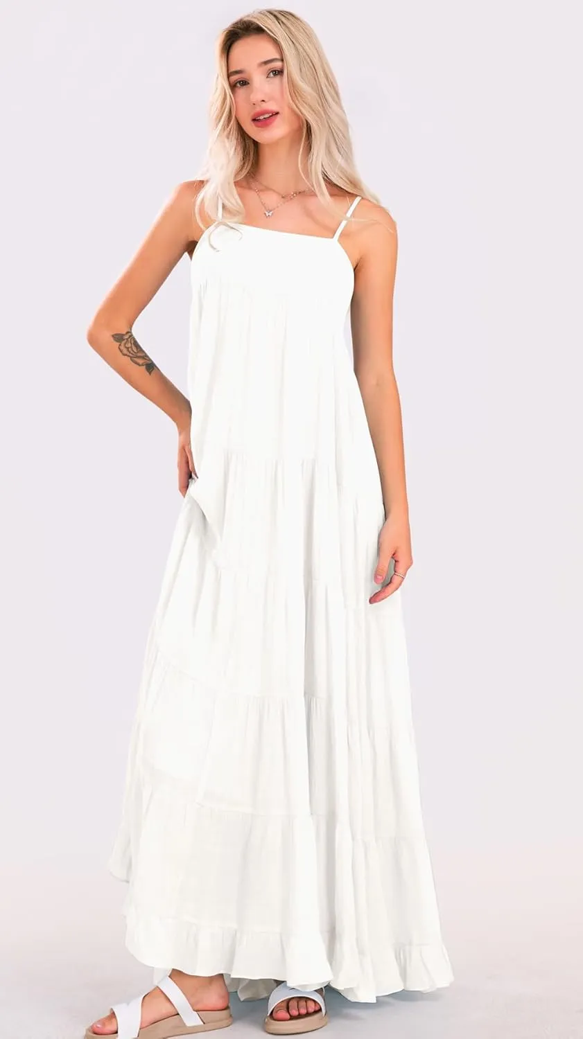 loveimgs Women Summer Spaghetti Strap Smocked Maxi Dress Tiered Ruffle Sleeveless Long Flowy Dress Beach Sundress
