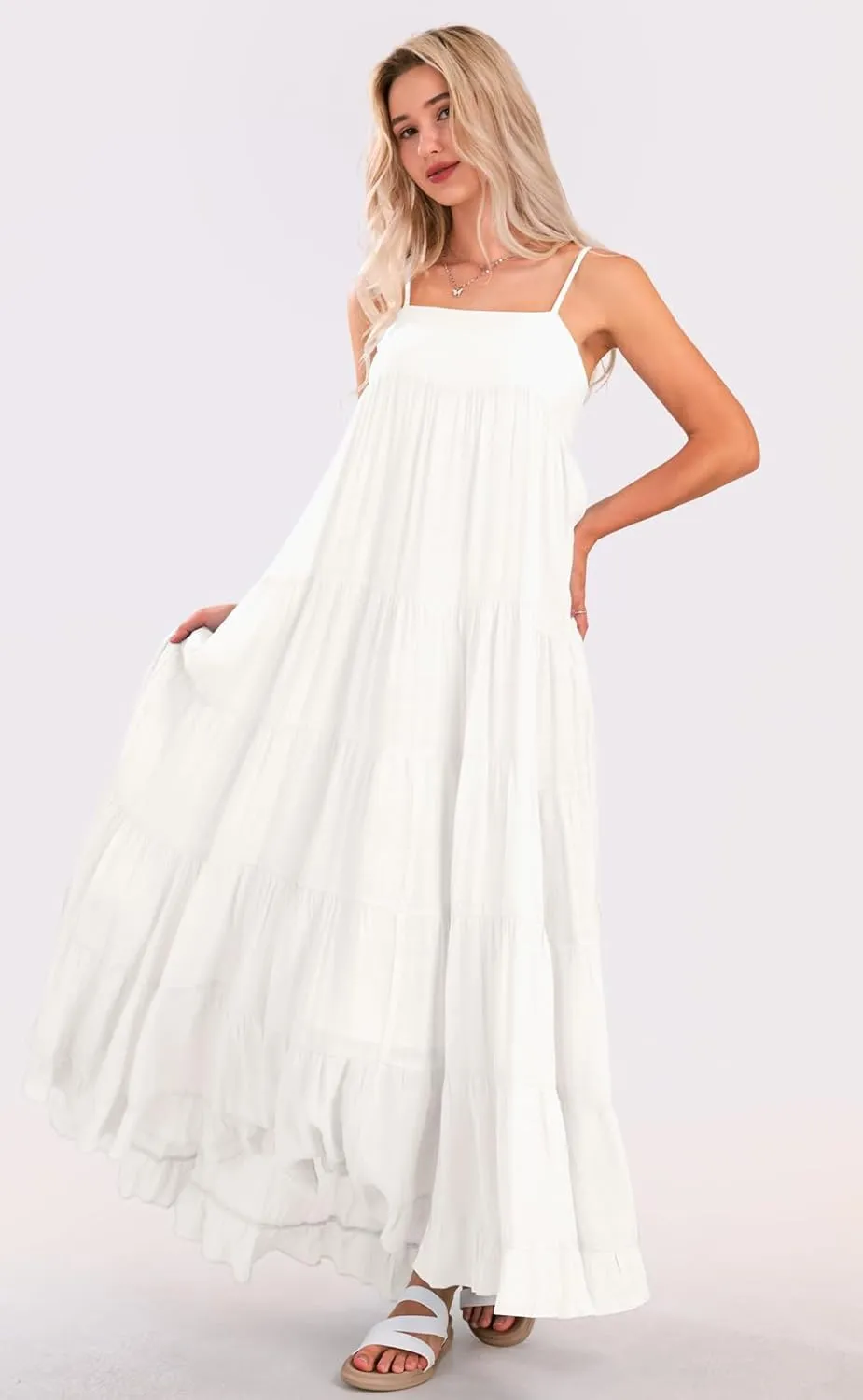 loveimgs Women Summer Spaghetti Strap Smocked Maxi Dress Tiered Ruffle Sleeveless Long Flowy Dress Beach Sundress