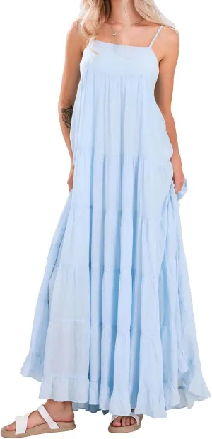 loveimgs Women Summer Spaghetti Strap Smocked Maxi Dress Tiered Ruffle Sleeveless Long Flowy Dress Beach Sundress