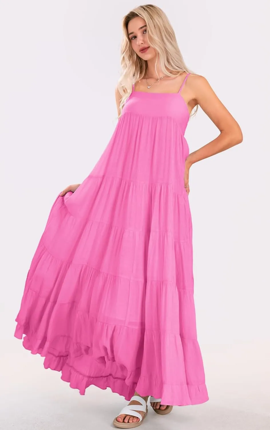 loveimgs Women Summer Spaghetti Strap Smocked Maxi Dress Tiered Ruffle Sleeveless Long Flowy Dress Beach Sundress