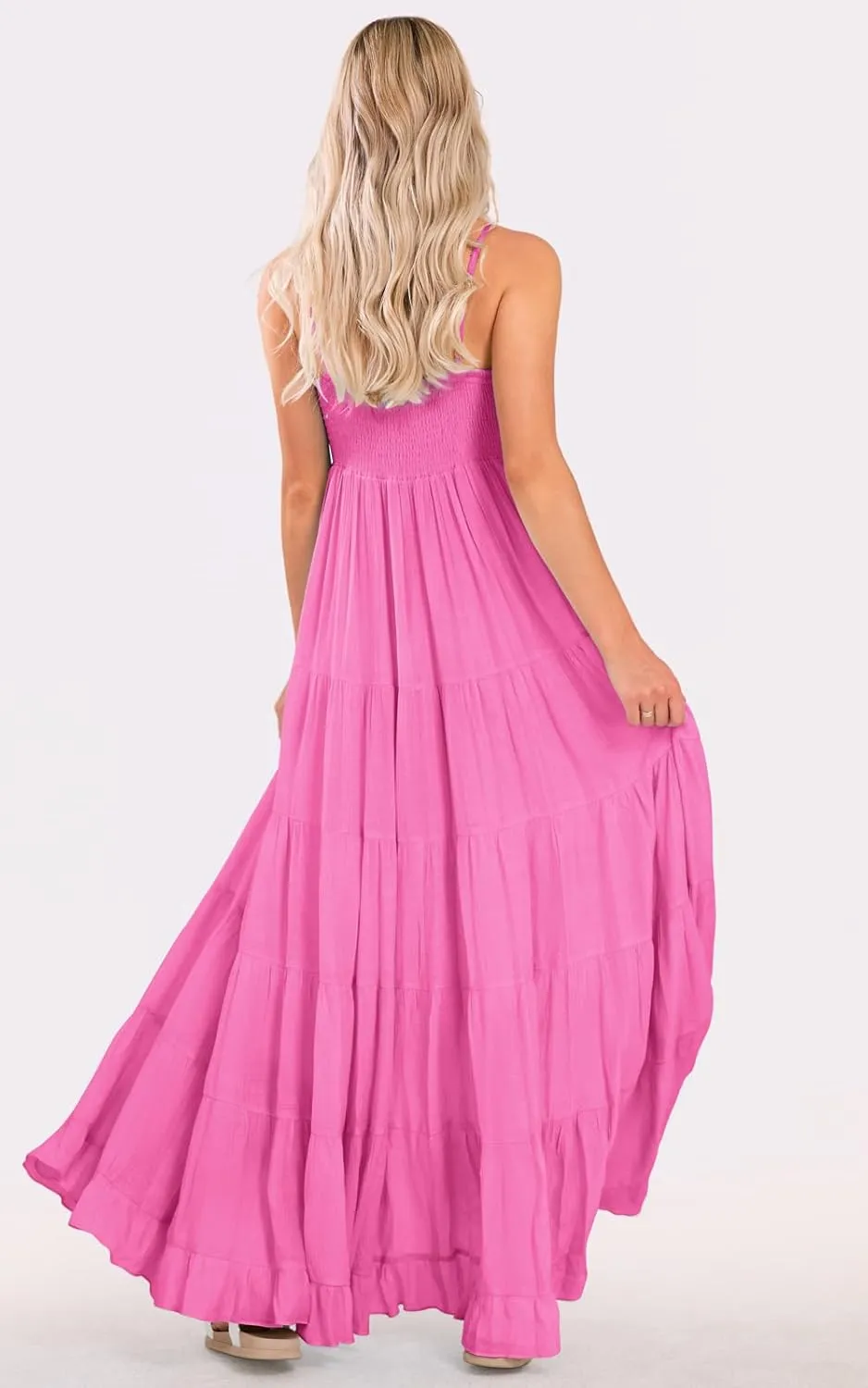 loveimgs Women Summer Spaghetti Strap Smocked Maxi Dress Tiered Ruffle Sleeveless Long Flowy Dress Beach Sundress
