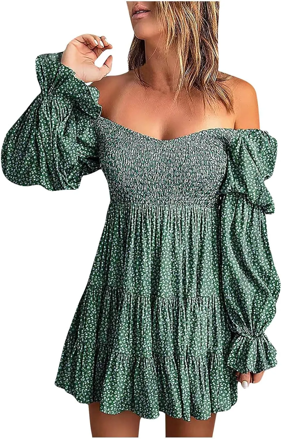 Lpmadey Womens Elegant Off The Shoulder V Neck Long Sleeve Ruffle Flowy Mini Short Skater Dresses Tiered Bohemia Beach Dress