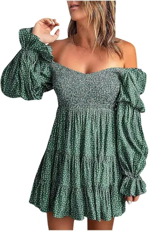 Lpmadey Womens Elegant Off The Shoulder V Neck Long Sleeve Ruffle Flowy Mini Short Skater Dresses Tiered Bohemia Beach Dress