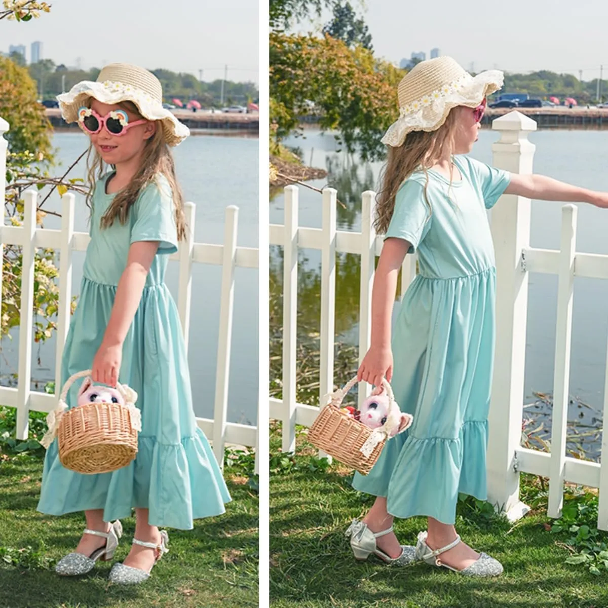 LQSZ Girls Maxi Summer Dress with Pocket Short Sleeve Spring Boho Long Sundress Casual School for Kids Size 3-12 Years