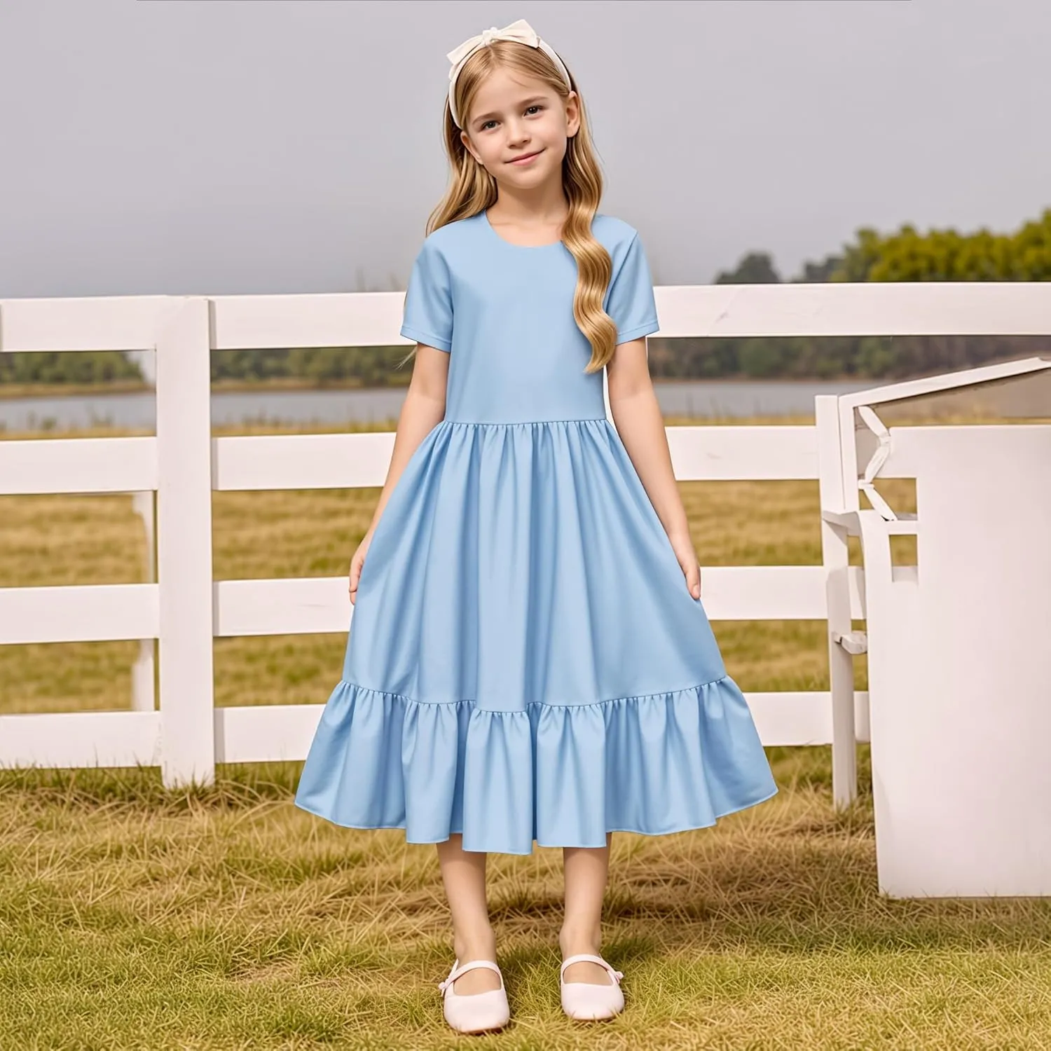 LQSZ Girls Maxi Summer Dress with Pocket Short Sleeve Spring Boho Long Sundress Casual School for Kids Size 3-12 Years
