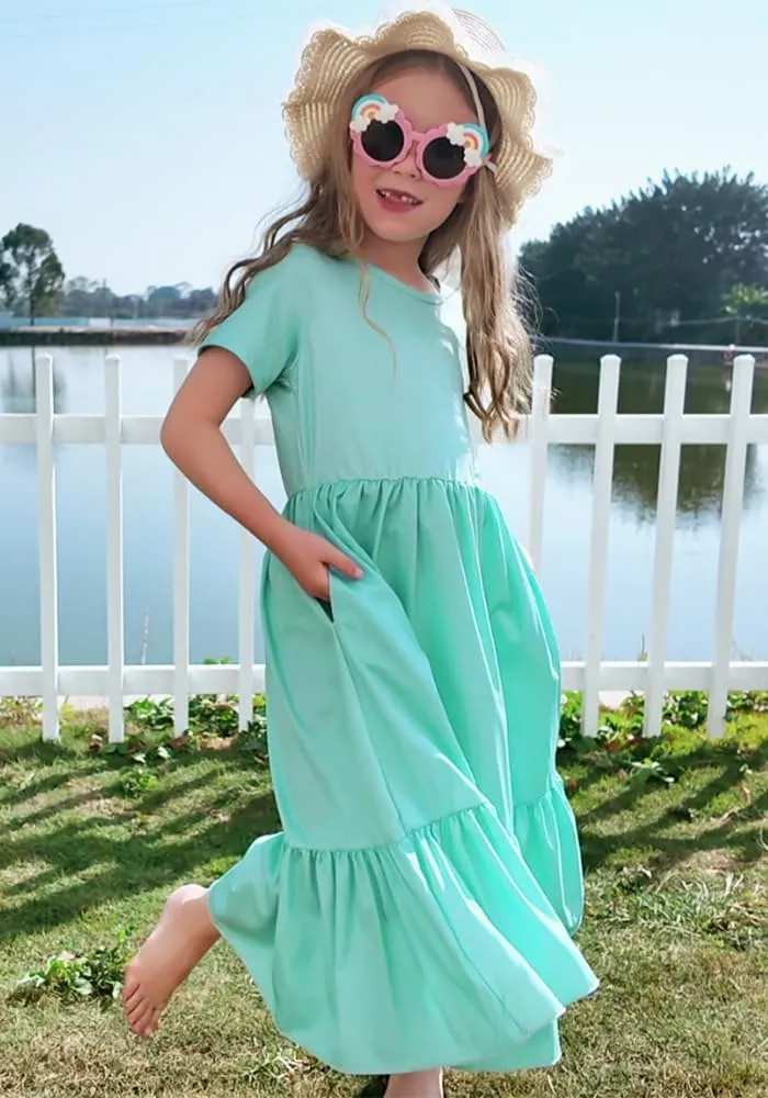 LQSZ Girls Maxi Summer Dress with Pocket Short Sleeve Spring Boho Long Sundress Casual School for Kids Size 3-12 Years