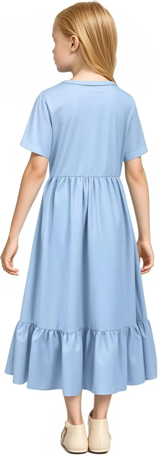 LQSZ Girls Maxi Summer Dress with Pocket Short Sleeve Spring Boho Long Sundress Casual School for Kids Size 3-12 Years