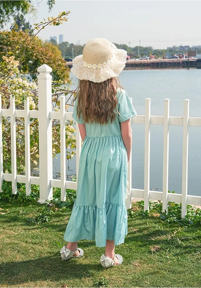LQSZ Girls Maxi Summer Dress with Pocket Short Sleeve Spring Boho Long Sundress Casual School for Kids Size 3-12 Years
