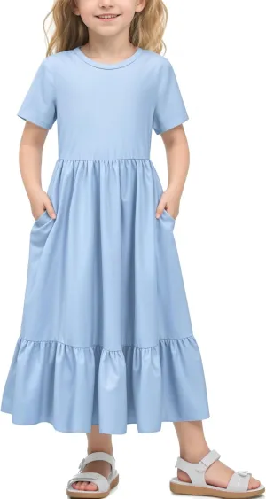 LQSZ Girls Maxi Summer Dress with Pocket Short Sleeve Spring Boho Long Sundress Casual School for Kids Size 3-12 Years