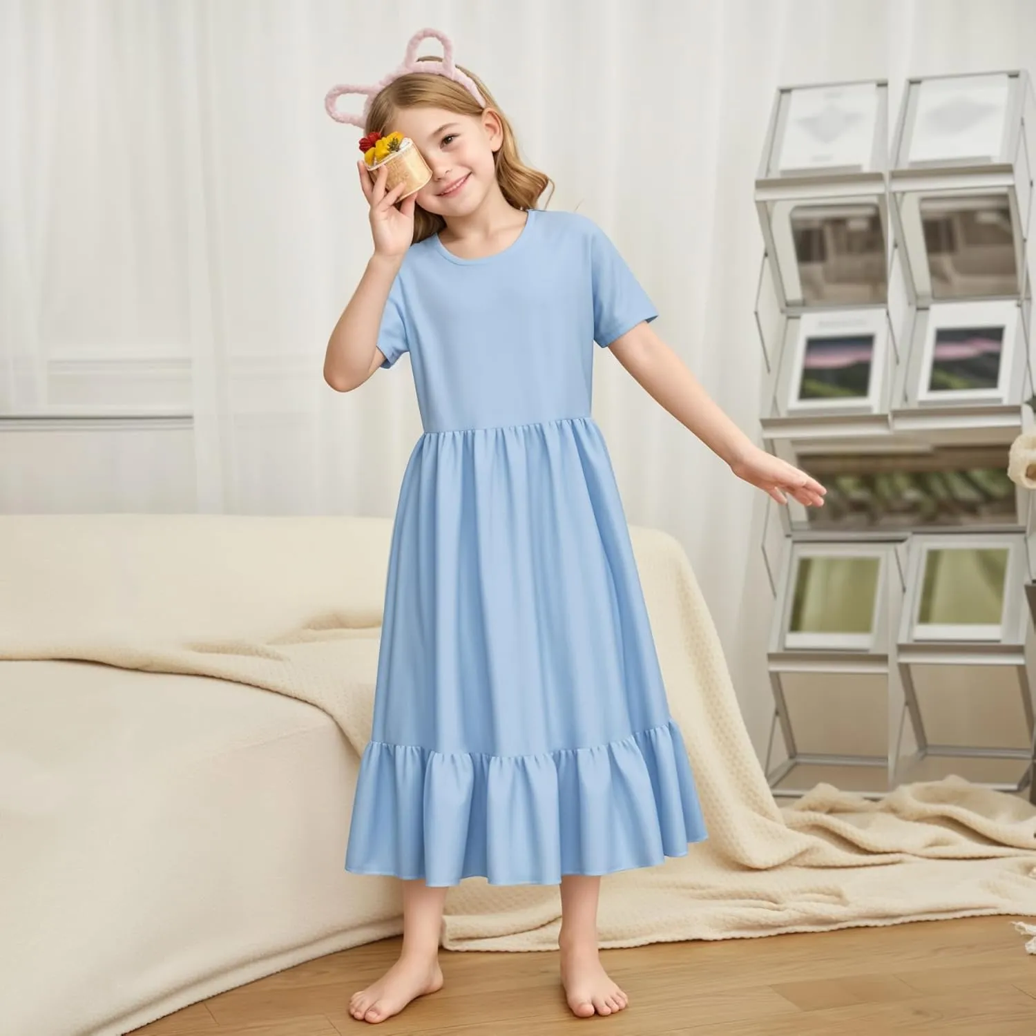 LQSZ Girls Maxi Summer Dress with Pocket Short Sleeve Spring Boho Long Sundress Casual School for Kids Size 3-12 Years