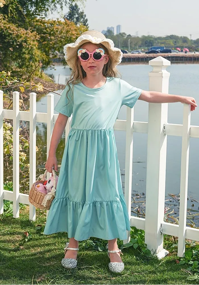 LQSZ Girls Maxi Summer Dress with Pocket Short Sleeve Spring Boho Long Sundress Casual School for Kids Size 3-12 Years