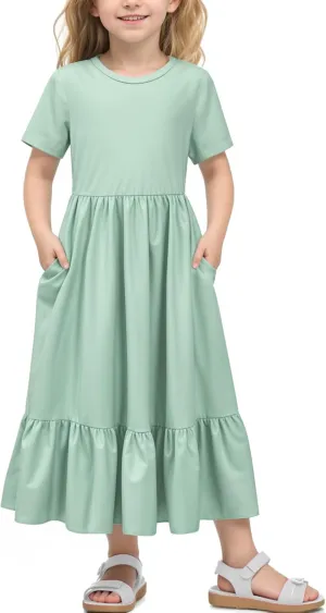 LQSZ Girls Maxi Summer Dress with Pocket Short Sleeve Spring Boho Long Sundress Casual School for Kids Size 3-12 Years
