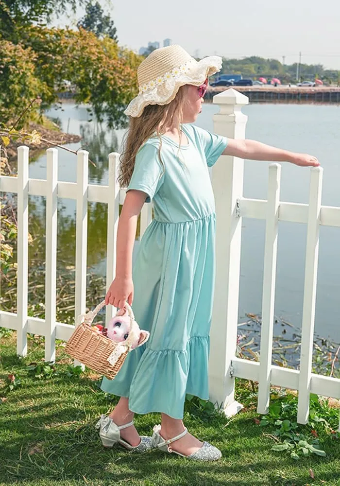 LQSZ Girls Maxi Summer Dress with Pocket Short Sleeve Spring Boho Long Sundress Casual School for Kids Size 3-12 Years
