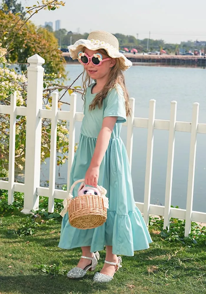 LQSZ Girls Maxi Summer Dress with Pocket Short Sleeve Spring Boho Long Sundress Casual School for Kids Size 3-12 Years