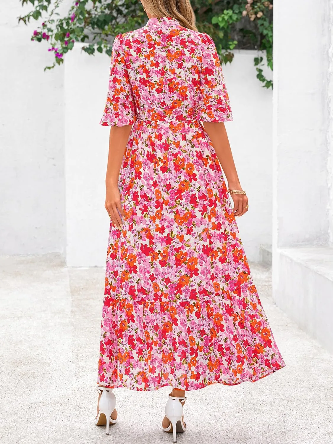 MASCOMODA Womens Floral Maxi Dresses Boho Summer Casual V Neck 3/4 Puff Sleeve Button Down Tie Waist Long Flowy Shirt Dress