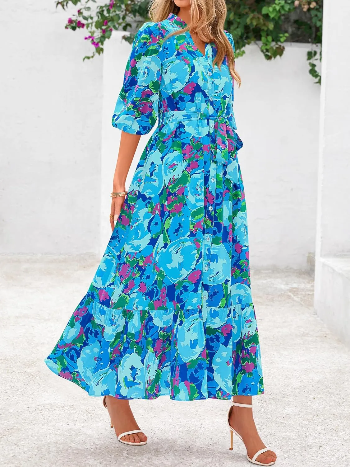 MASCOMODA Womens Floral Maxi Dresses Boho Summer Casual V Neck 3/4 Puff Sleeve Button Down Tie Waist Long Flowy Shirt Dress