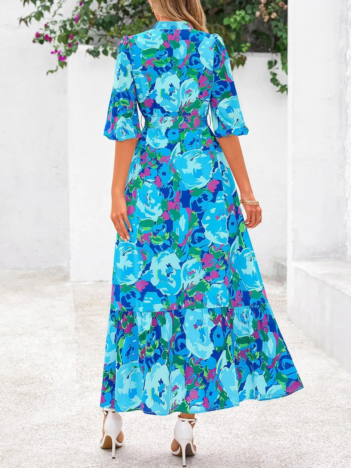 MASCOMODA Womens Floral Maxi Dresses Boho Summer Casual V Neck 3/4 Puff Sleeve Button Down Tie Waist Long Flowy Shirt Dress