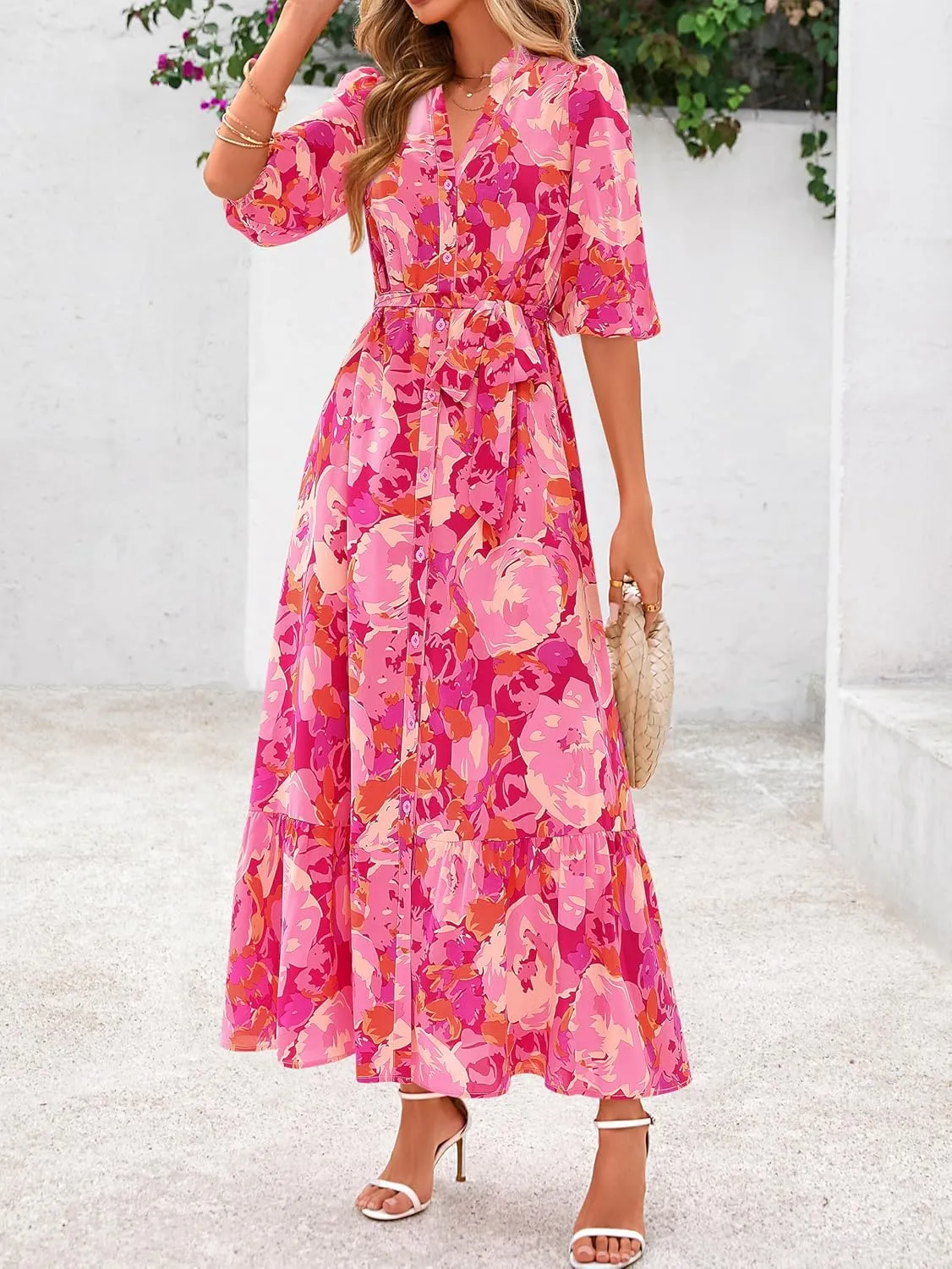MASCOMODA Womens Floral Maxi Dresses Boho Summer Casual V Neck 3/4 Puff Sleeve Button Down Tie Waist Long Flowy Shirt Dress