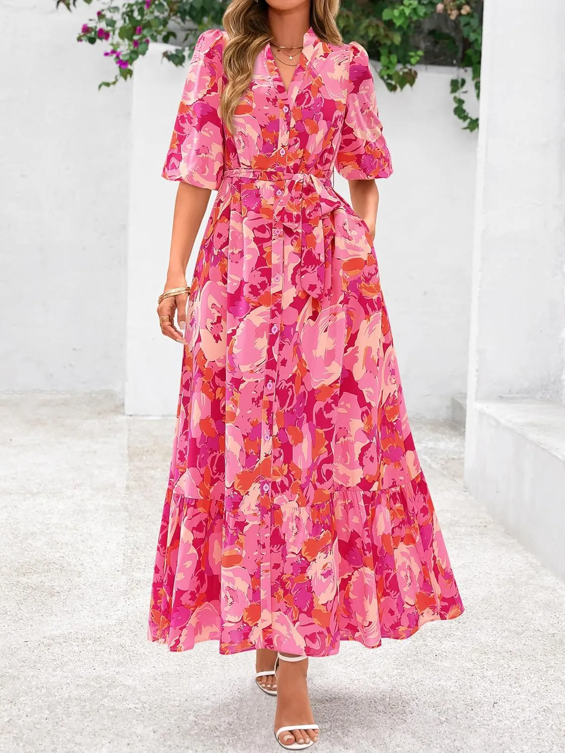 MASCOMODA Womens Floral Maxi Dresses Boho Summer Casual V Neck 3/4 Puff Sleeve Button Down Tie Waist Long Flowy Shirt Dress