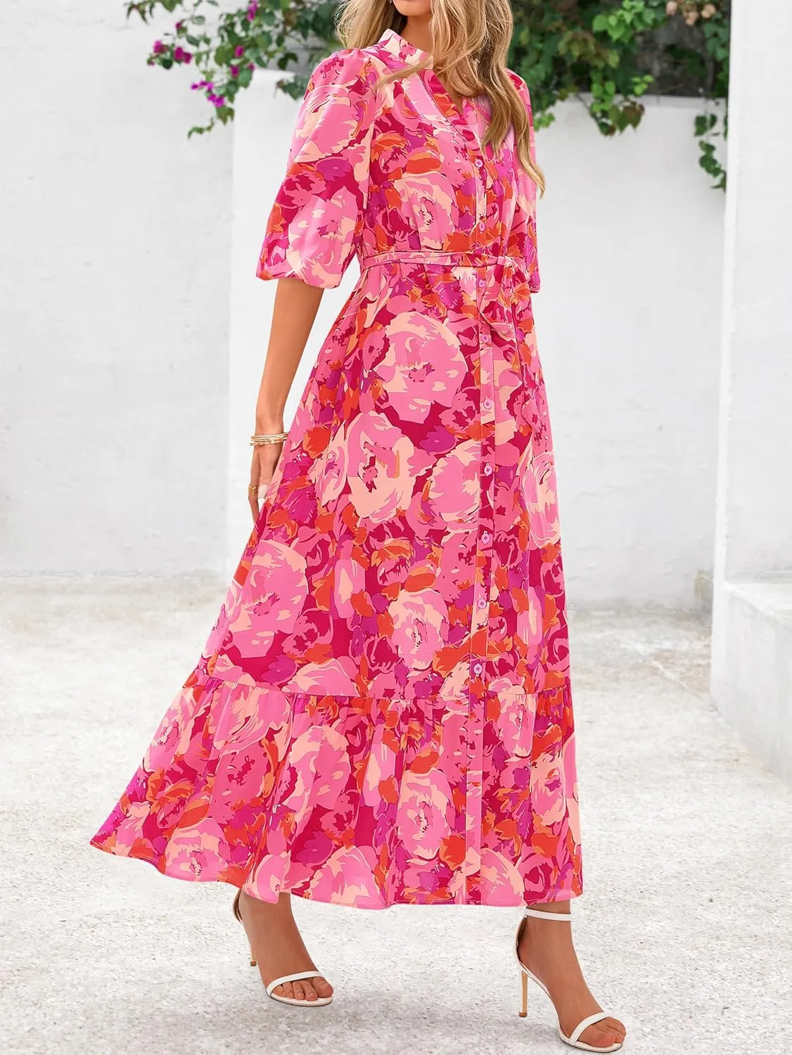 MASCOMODA Womens Floral Maxi Dresses Boho Summer Casual V Neck 3/4 Puff Sleeve Button Down Tie Waist Long Flowy Shirt Dress