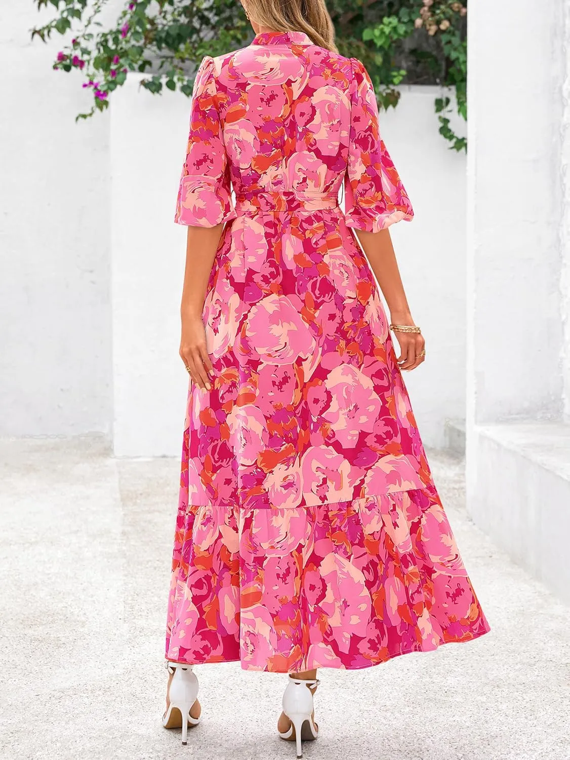 MASCOMODA Womens Floral Maxi Dresses Boho Summer Casual V Neck 3/4 Puff Sleeve Button Down Tie Waist Long Flowy Shirt Dress