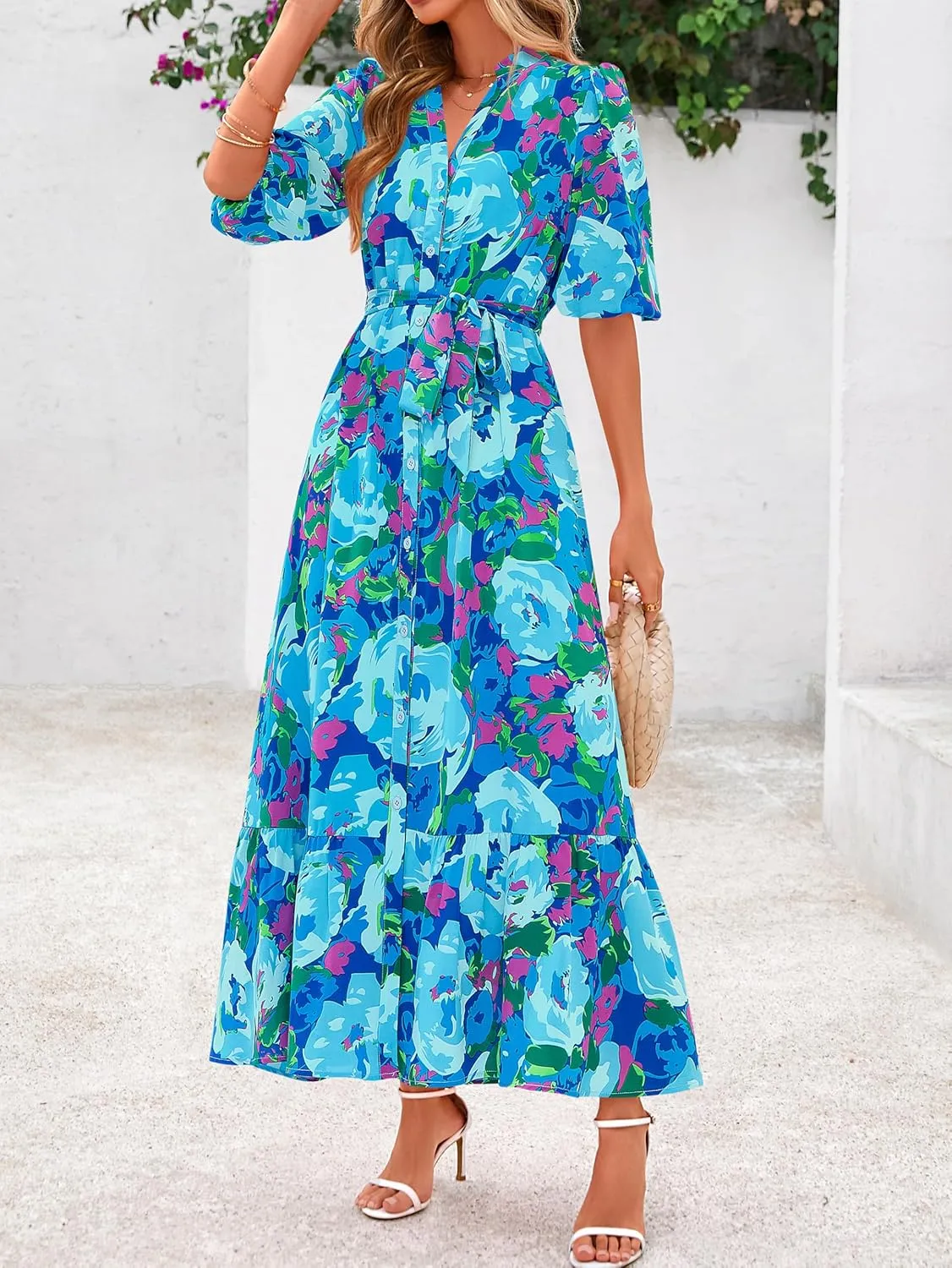 MASCOMODA Womens Floral Maxi Dresses Boho Summer Casual V Neck 3/4 Puff Sleeve Button Down Tie Waist Long Flowy Shirt Dress