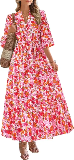 MASCOMODA Womens Floral Maxi Dresses Boho Summer Casual V Neck 3/4 Puff Sleeve Button Down Tie Waist Long Flowy Shirt Dress