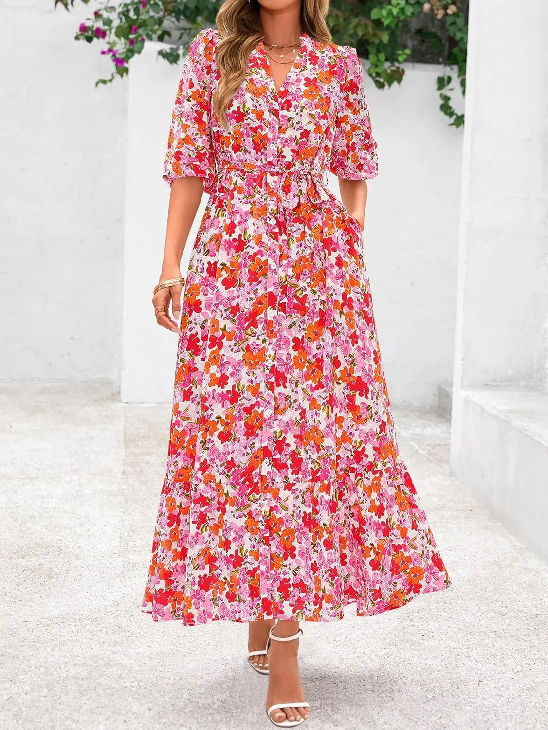 MASCOMODA Womens Floral Maxi Dresses Boho Summer Casual V Neck 3/4 Puff Sleeve Button Down Tie Waist Long Flowy Shirt Dress