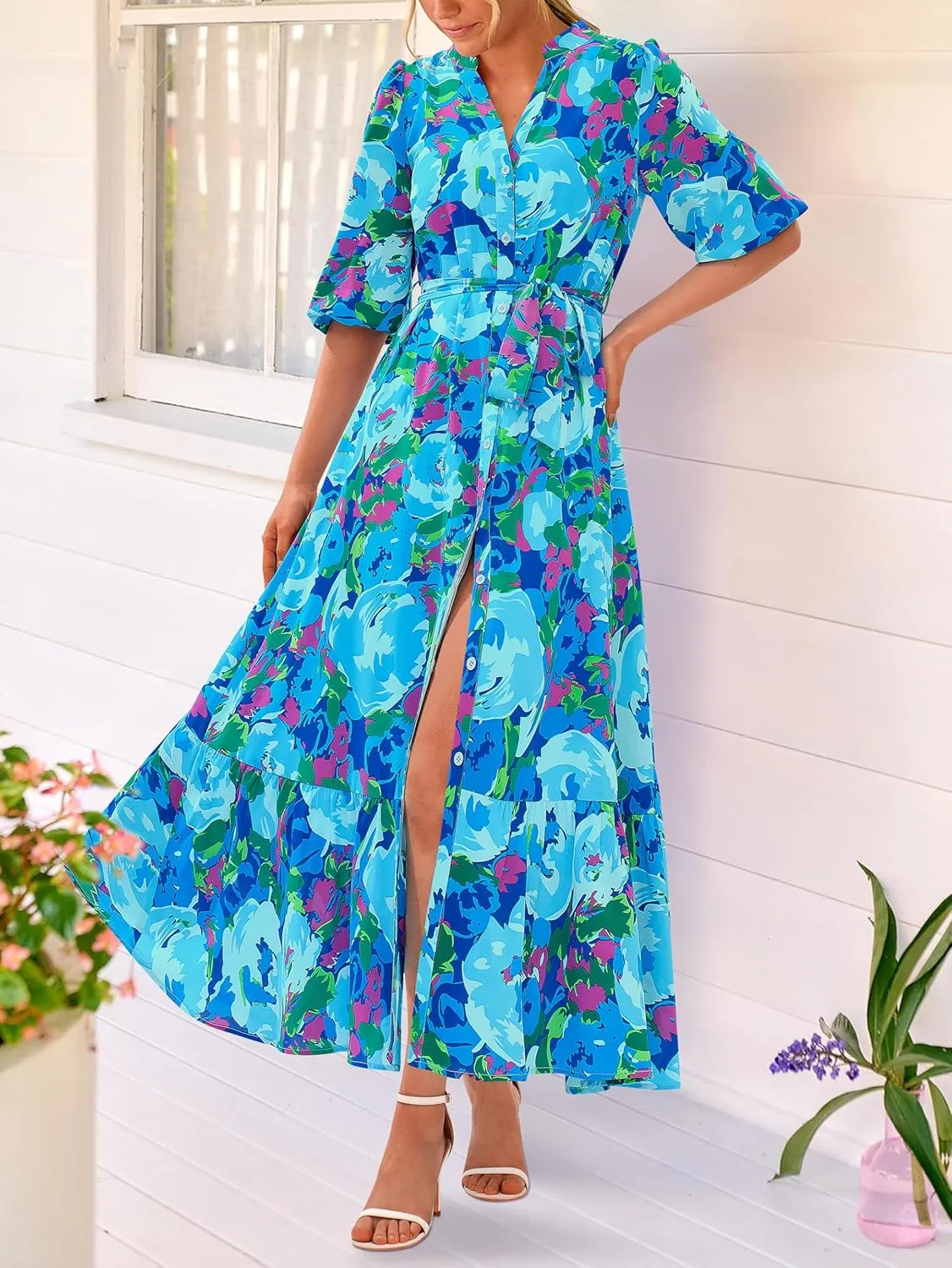 MASCOMODA Womens Floral Maxi Dresses Boho Summer Casual V Neck 3/4 Puff Sleeve Button Down Tie Waist Long Flowy Shirt Dress