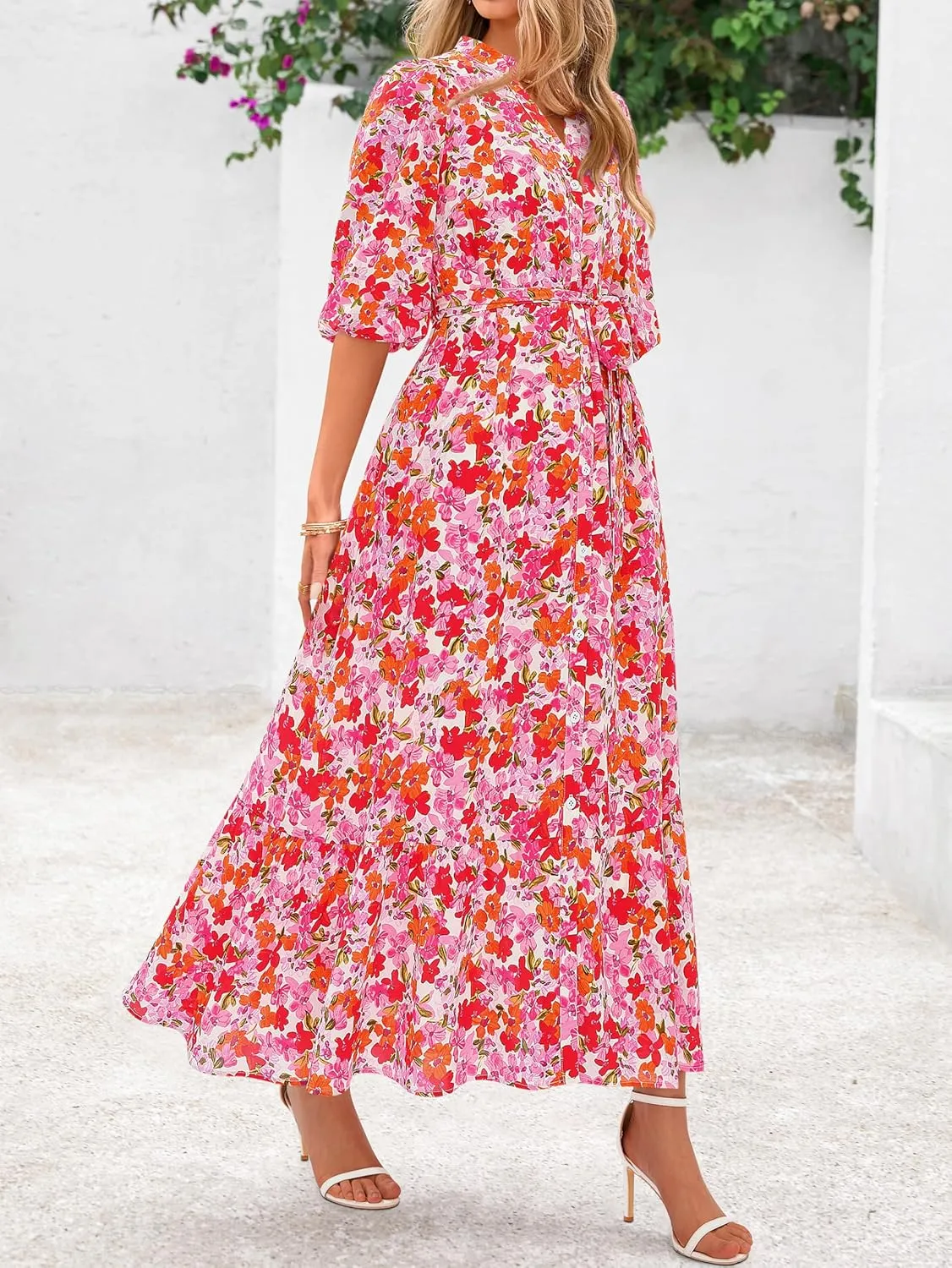 MASCOMODA Womens Floral Maxi Dresses Boho Summer Casual V Neck 3/4 Puff Sleeve Button Down Tie Waist Long Flowy Shirt Dress