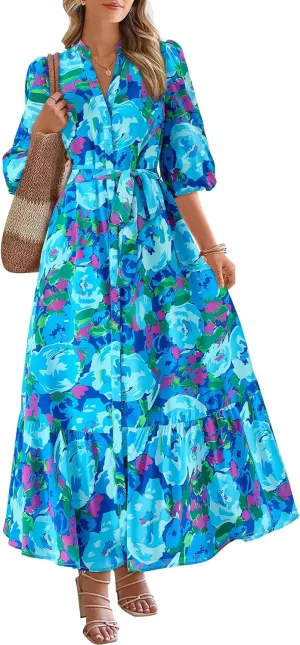 MASCOMODA Womens Floral Maxi Dresses Boho Summer Casual V Neck 3/4 Puff Sleeve Button Down Tie Waist Long Flowy Shirt Dress