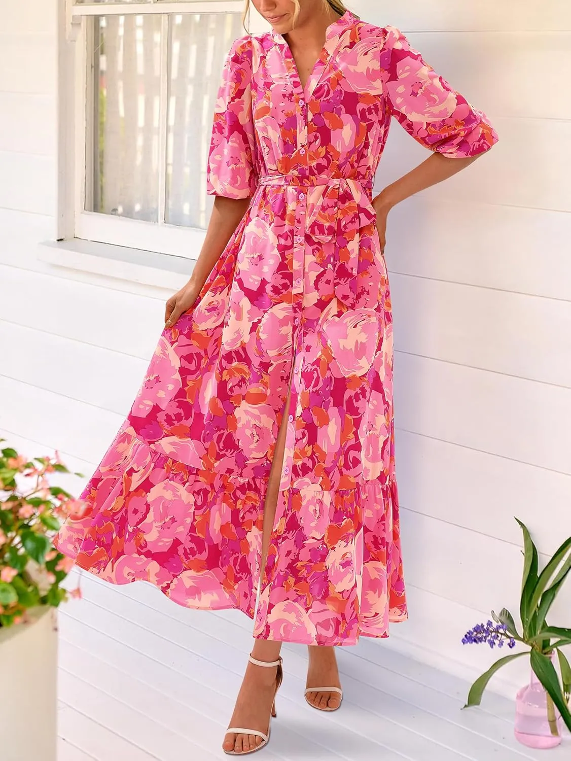 MASCOMODA Womens Floral Maxi Dresses Boho Summer Casual V Neck 3/4 Puff Sleeve Button Down Tie Waist Long Flowy Shirt Dress