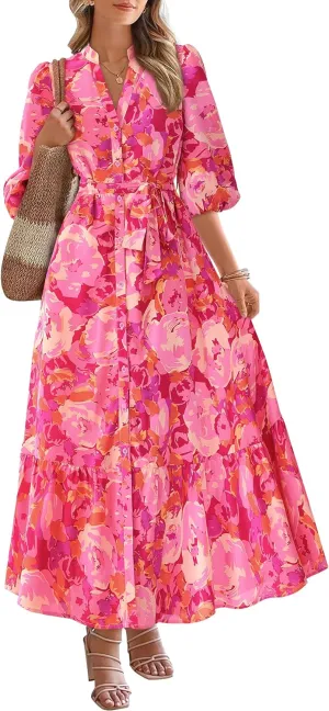 MASCOMODA Womens Floral Maxi Dresses Boho Summer Casual V Neck 3/4 Puff Sleeve Button Down Tie Waist Long Flowy Shirt Dress