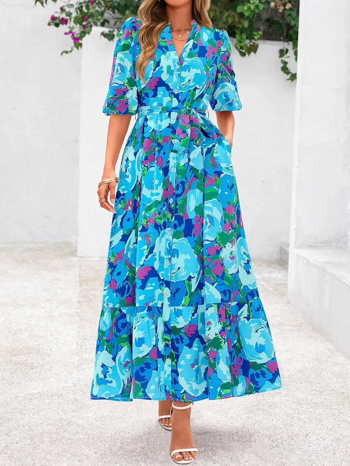 MASCOMODA Womens Floral Maxi Dresses Boho Summer Casual V Neck 3/4 Puff Sleeve Button Down Tie Waist Long Flowy Shirt Dress