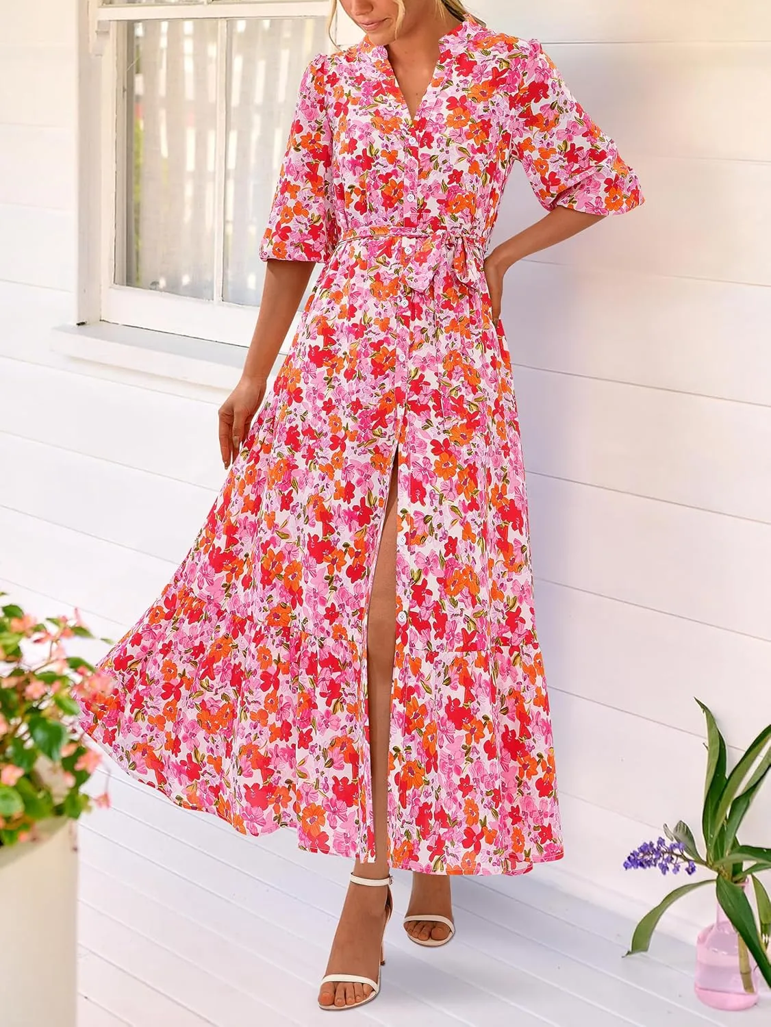 MASCOMODA Womens Floral Maxi Dresses Boho Summer Casual V Neck 3/4 Puff Sleeve Button Down Tie Waist Long Flowy Shirt Dress