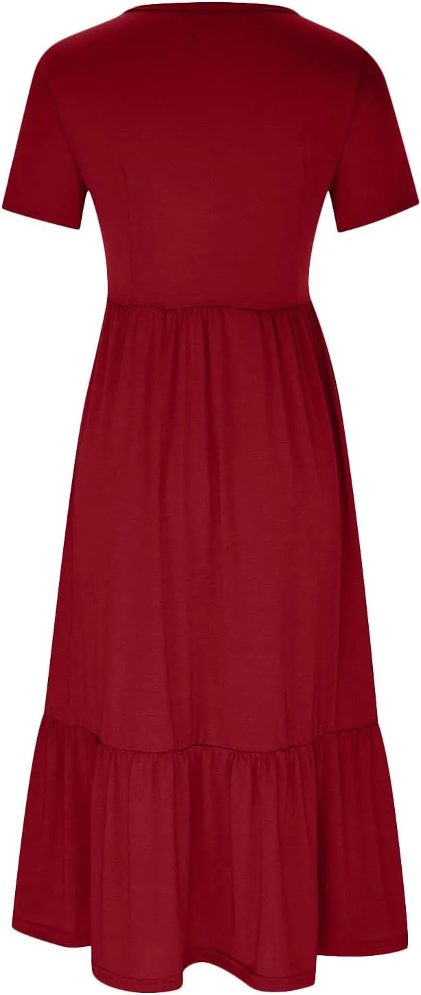 Maxi Dresses for Women 2025 Plus Size Short Sleeve Tiered Ruffle Dress Summer Causal Crewneck Tshirt Dress Pockets