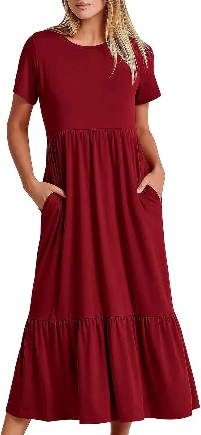 Maxi Dresses for Women 2025 Plus Size Short Sleeve Tiered Ruffle Dress Summer Causal Crewneck Tshirt Dress Pockets