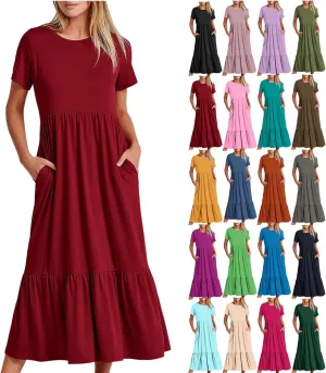 Maxi Dresses for Women 2025 Plus Size Short Sleeve Tiered Ruffle Dress Summer Causal Crewneck Tshirt Dress Pockets