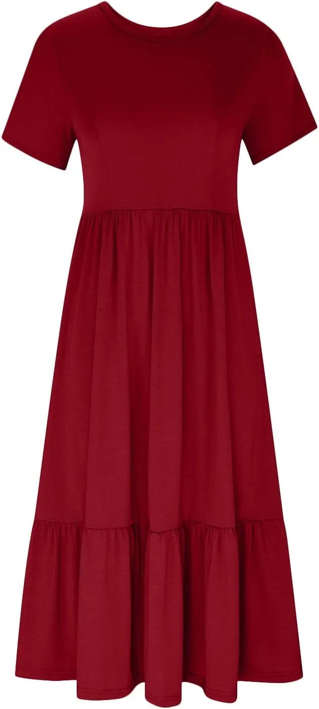 Maxi Dresses for Women 2025 Plus Size Short Sleeve Tiered Ruffle Dress Summer Causal Crewneck Tshirt Dress Pockets