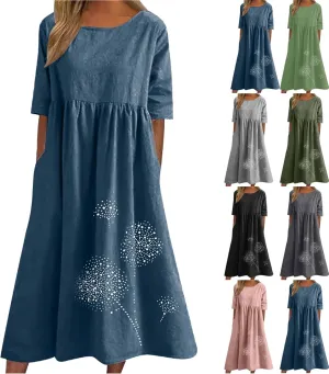 Maxi Dresses for Women 2025 Vacation Boho Dandelion Print Cotton Linen Dress Summer Beach Short Sleeve Shirt Sundress