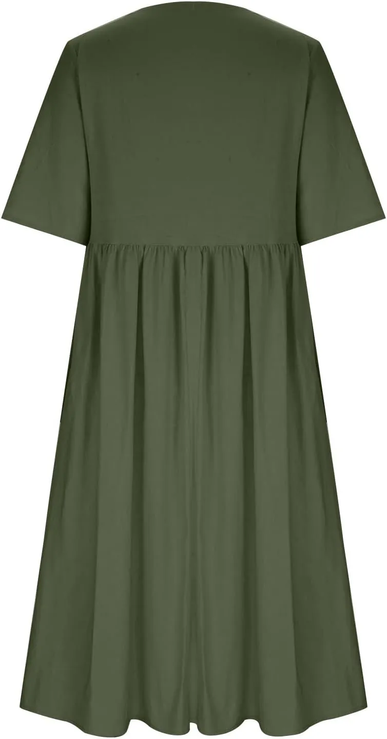 Maxi Dresses for Women 2025 Vacation Boho Dandelion Print Cotton Linen Dress Summer Beach Short Sleeve Shirt Sundress