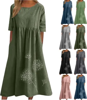 Maxi Dresses for Women 2025 Vacation Boho Dandelion Print Cotton Linen Dress Summer Beach Short Sleeve Shirt Sundress