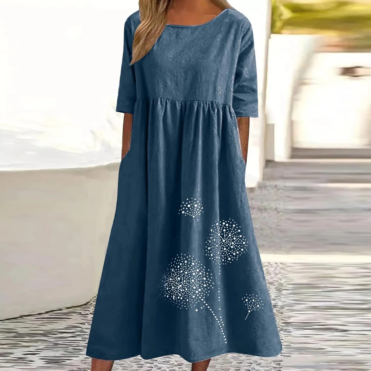 Maxi Dresses for Women 2025 Vacation Boho Dandelion Print Cotton Linen Dress Summer Beach Short Sleeve Shirt Sundress