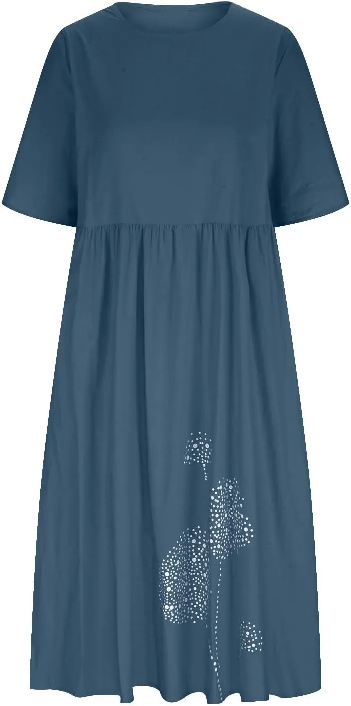 Maxi Dresses for Women 2025 Vacation Boho Dandelion Print Cotton Linen Dress Summer Beach Short Sleeve Shirt Sundress