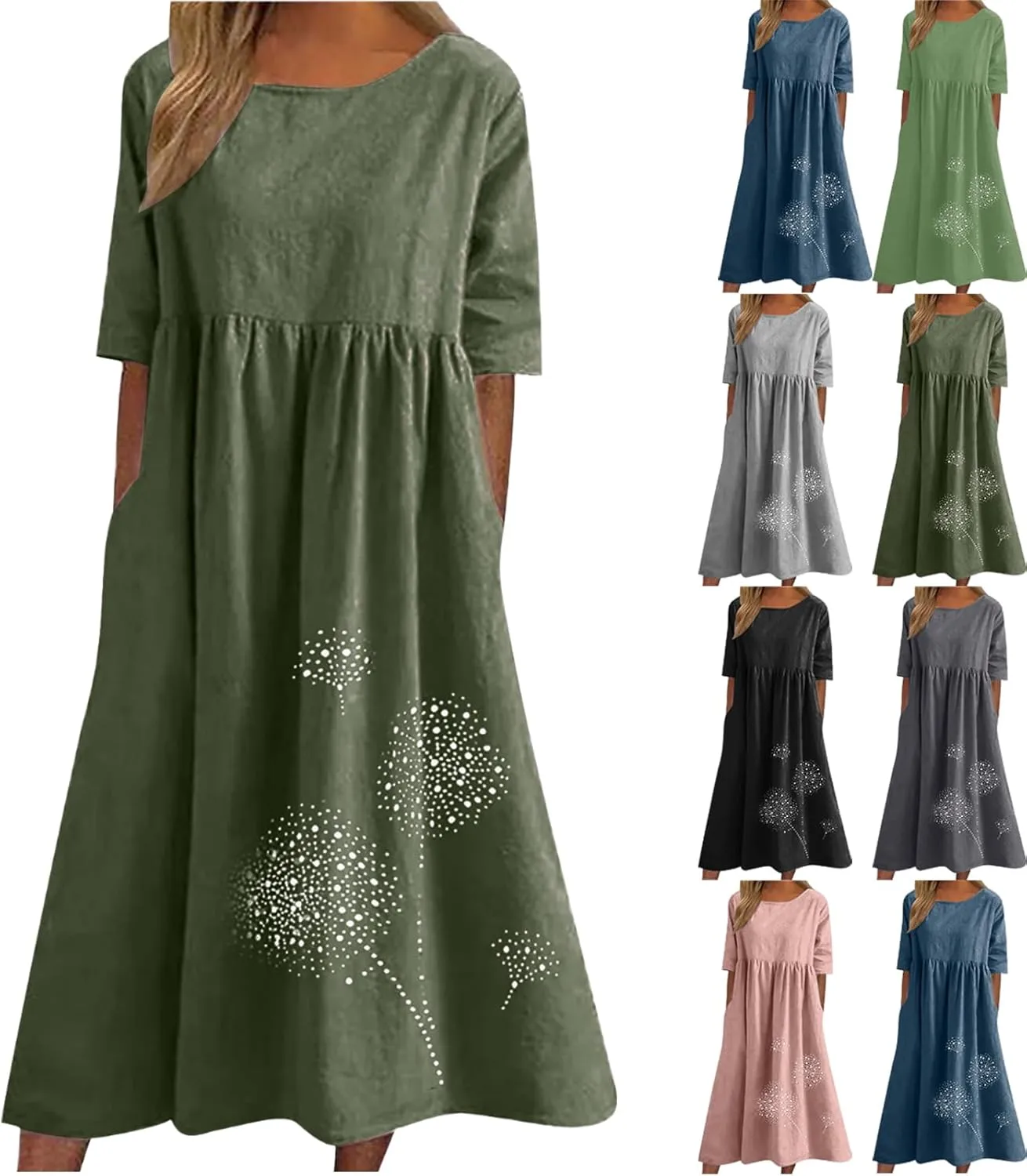 Maxi Dresses for Women 2025 Vacation Boho Dandelion Print Cotton Linen Dress Summer Beach Short Sleeve Shirt Sundress