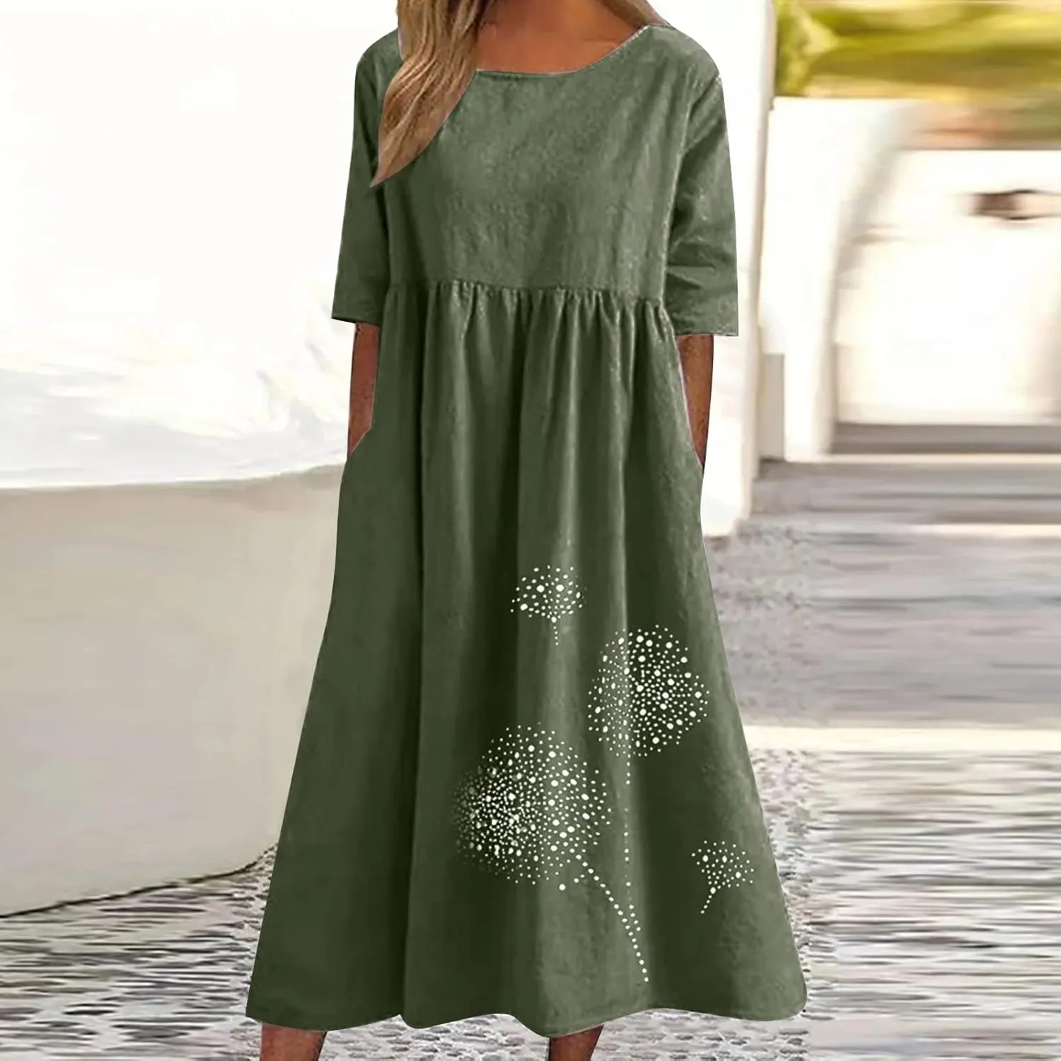 Maxi Dresses for Women 2025 Vacation Boho Dandelion Print Cotton Linen Dress Summer Beach Short Sleeve Shirt Sundress