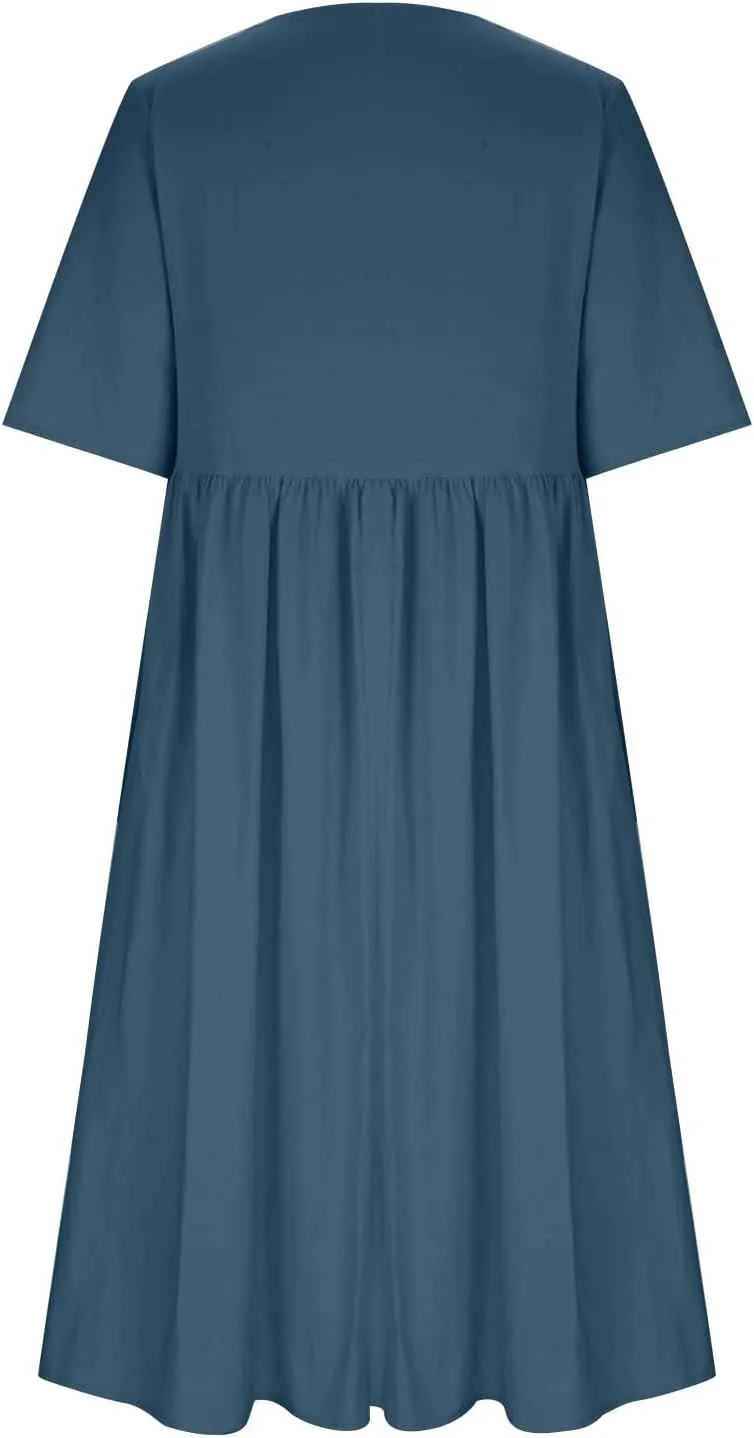 Maxi Dresses for Women 2025 Vacation Boho Dandelion Print Cotton Linen Dress Summer Beach Short Sleeve Shirt Sundress