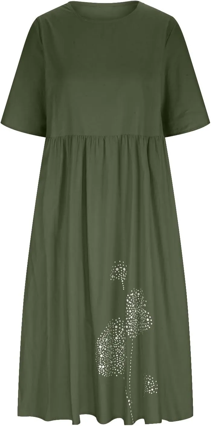 Maxi Dresses for Women 2025 Vacation Boho Dandelion Print Cotton Linen Dress Summer Beach Short Sleeve Shirt Sundress