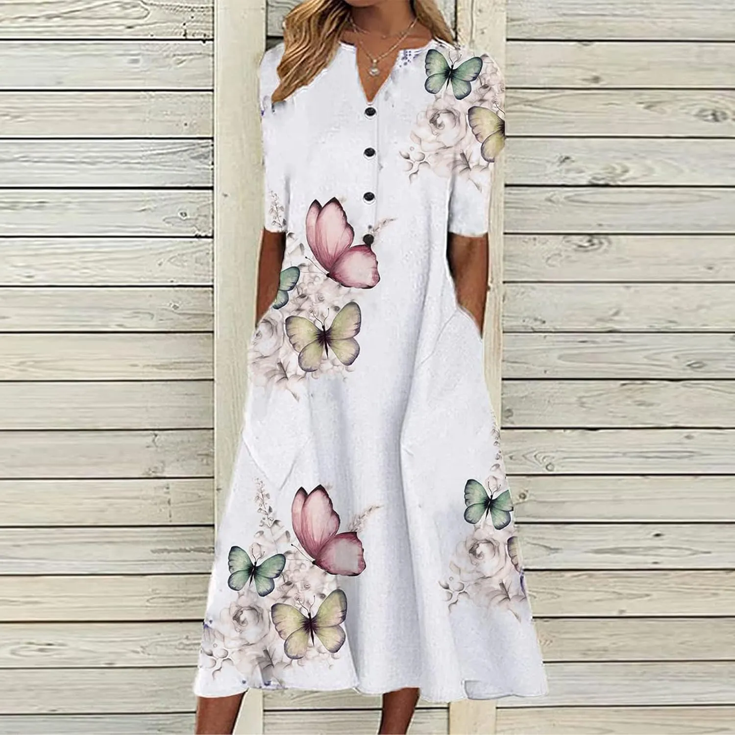 Maxi Dresses for Women 2025 Vneck Floral Sundresses Short Sleeve T Shirt Dress Flowy Summer Clothes with Pocket